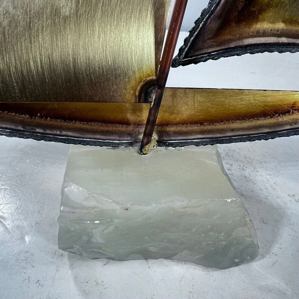 Vtg MCM Mario Jason Handmade Brass Sailboat Sculpture Marble Quartz Base Signed - Picture 5 of 9